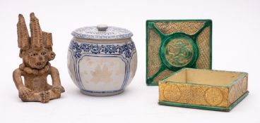 A Pre-Columbian pottery figure; an oriental blue and white jar and cover;