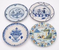 Three delft and one pearlware plate: comprising a London delft polychrome plate decorated with a