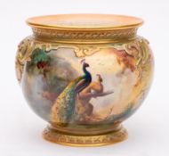 A Royal Worcester Hadley Ware porcelain jardinière: of wrythen lobed form with raised strap work