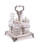 An electro-plated four division cruet stand: of square outline with gadrooned border,