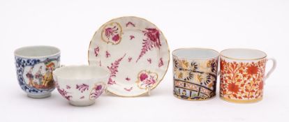 A First Period Worcester porcelain cup and saucer: of fluted form painted in rose cameiu after a