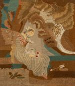 A Regency period woolwork picture: depicting a seated young woman comforting a wounded animal,