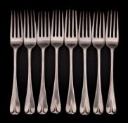 A set of eight Victorian silver dessert forks, maker Chawner & Co, London, 1874: 350gms, 11.26ozs.