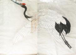 Two Japanese woodblock prints in two parts: depicting eagles flying over pine trees and flying