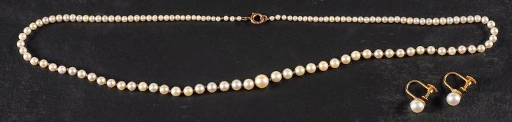 A graduated cultured pearl necklace and a pair of cultured pearl earrings,