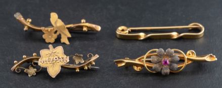 Four bar brooches,: including a 15ct gold and synthetic ruby floral brooch, length ca. 4.