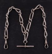 A silver Albert pocket watch chain: Figaro chain link marked for silver, with silver bar,