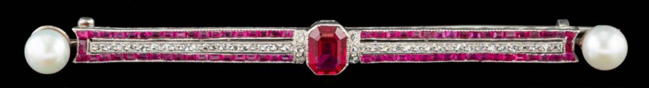 A 1920s French synthetic ruby and diamond brooch,