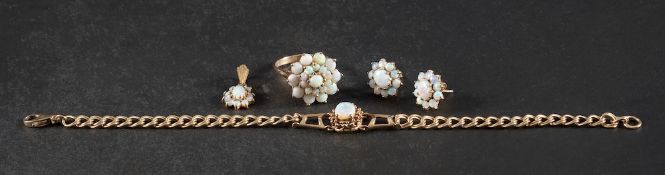 A 9ct gold opal cluster ring, pair of earrings, pendant and bracelet,
