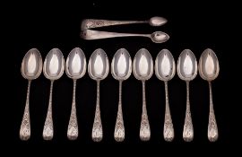 A set of nine Victorian Scottish silver Old English pattern coffee spoons & pair of tongs,