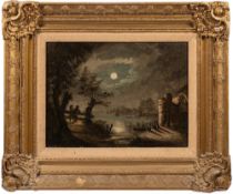 Dutch School 18/19th Century- Moonlit river scene; boatmen, ruins and figures in the foreground,