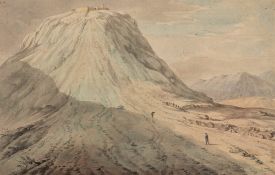 English School 19th Century- A mountain top fortification; figures in the foreground,:- watercolour,