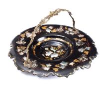 A 19th century papier-mache swing-handled fruit basket: with mother-of-pearl inlaid grape and vine