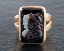 A 15ct gold, 19th century, carved sardonyx cameo ring,: depicting Mars and Venus in profile,