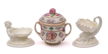 Two Royal Worcester white shell table salts and a Samson famille rose armorial two-handled urn and