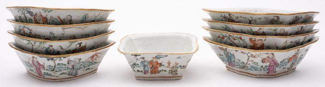 A Chinese famille rose nine-piece hors d'oeuvre's set: comprising eight sections around a central