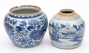 Two Chinese porcelain jars: one of squat oviform painted in blue with two lion dogs amongst