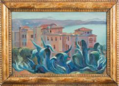 * Clement Cowles [1903-1983]- View over roof tops to a bay beyond:- signed and dated 1932 bottom