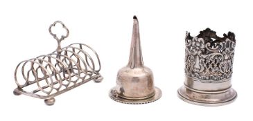 A silver plated wine funnel: a six-division toast rack and a bottle coaster.