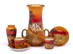 Two Royal Doulton vases and a pair of coffee cans and saucers: comprising a two handled vase of