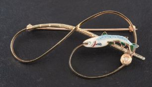 A 9ct gold and enamel brooch by Alabaster & Wilson depicting a trout and fishing rod,