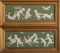 A pair of Continental green and white bisque porcelain rectangular plaques: relief decorated in the