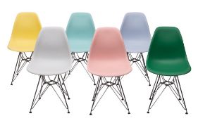 A set of six North American coloured plastic and metal 'Shell' chairs, by Herman Miller,