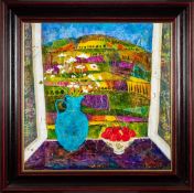 * Sue Fitzgerald [Contemporary]- Hotel Window near Apt,:- signed bottom right acrylic on canvas,