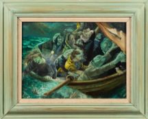 * David Eustace [1950-2021]- Ship of Fools,:- signed bottom right oil on board, 21 x 28.5cm.
