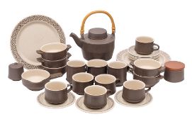 A Purbeck stoneware Brown Diamond table service: comprising five plates, five two handled bowls,