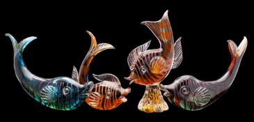 Four Murano coloured glass fish: modelled variously and decorated with red or orange banding,