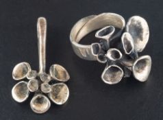 Hannu Ikonen for Valo Koru, a silver 'Renmoosblüte' (Reindeer moss) pendant and ring,