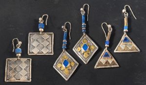 Three pairs of lapis lazuli drop earrings,: one stamped with maker's mark 'CH' for Charmian Harris,