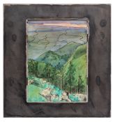 An enamelled metal plaque: of rectangular form decorated with an upland landscape,