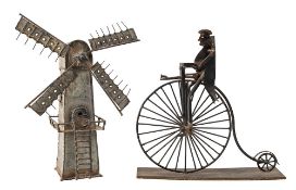 Three mid 20th Century metal artisan figures,: comprising Don Quixote, penny farthing and windmill,