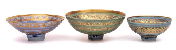 *Mary Rich [1940-2022] three porcelain bowls: of footed circular form each richly painted to the