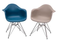 A pair of North American coloured plastic and metal 'Shell' armchairs, by Herman Miller,