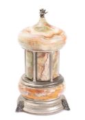 A continental onyx and plated novelty musical cigarette dispenser: in the form of a temple,