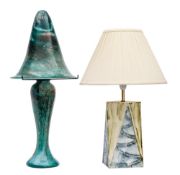 A Monart style variegated glass table lamp and shade: of mushroom outline,