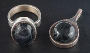 A silver spectrolite pendant and ring,: with partial Finnish control marks, length of pendant ca. 2.