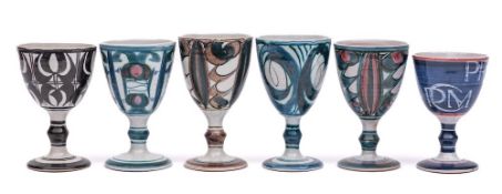 Aldermaston Pottery a group of six terracotta goblets: each with brushwork decoration,