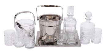 A group of Ralph Lauren bar ware: comprising an Aston cylindrical decanter and stopper with four