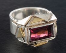 A brutalist pink tourmaline ring,: estimated pink tourmaline weight ca. 5.