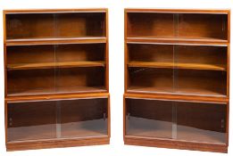 A pair of Simplex mahogany and glazed three section library bookcases: maker's label as per title