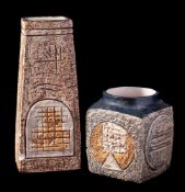 Two Troika pottery vases: comprising a marmalade pot with abstract textured decoration under green,