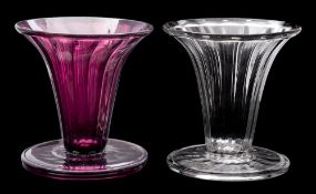 Two James Powell & Sons Whitefriars glass vases: of fluted trumpet form with fold over rim and
