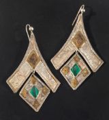 A pair of malachite drop earrings,: stamped with maker's mark 'CCA', hook fittings, length ca. 8.