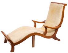 A Mufti teak day bed: with upholstered panel back and seat,