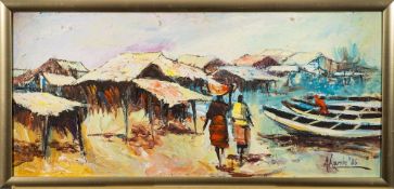 * Akande [African School, Contemporary] - Boats and settlement on a river bank,