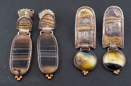Charmian Harris, two pairs of silver, sardonyx drop earrings,: with maker's mark 'CH',